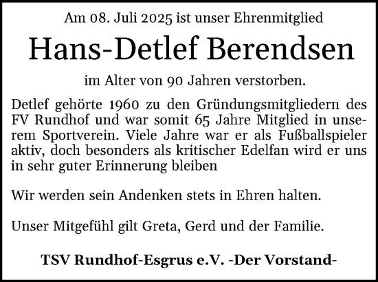 Traueranzeige von Hans-Detlef Berendsen von Flensburger Tageblatt, Schleswiger Nachrichten, Schlei-Bote
