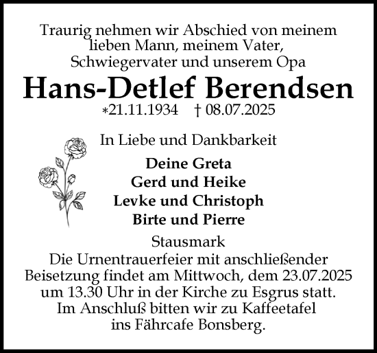 Traueranzeige von Hans-Detlef Berendsen von Flensburger Tageblatt