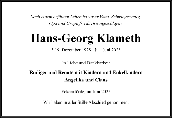 Traueranzeige von Hans-Georg Klameth von Eckernförder Zeitung, Hallo Eckernförde