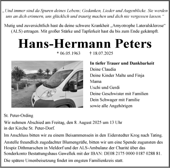 Traueranzeige von Hans-Hermann Peters von Husumer Nachrichten, Nordfriesland Tageblatt