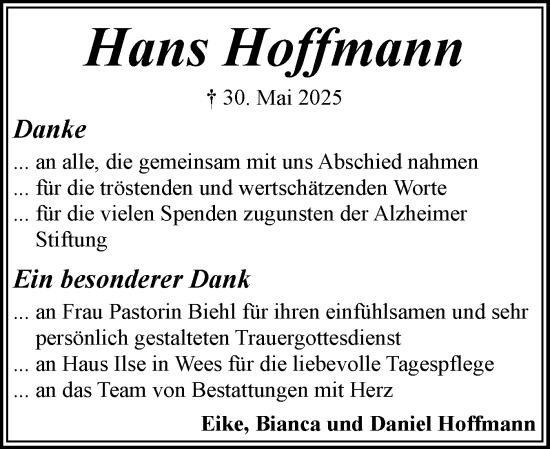 Traueranzeige von Hans Hoffmann von Flensburger Tageblatt