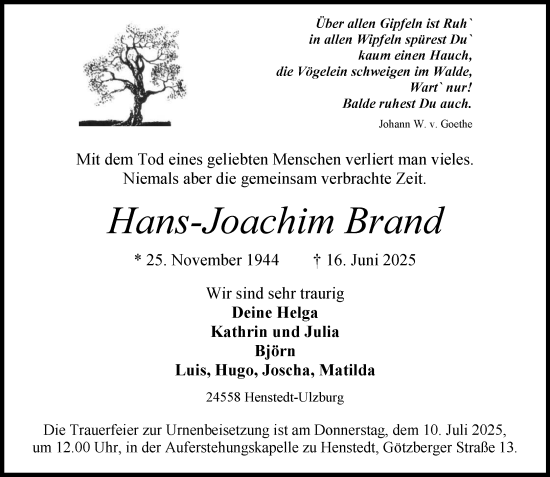 Traueranzeige von Hans-Joachim Brand von Umschau
