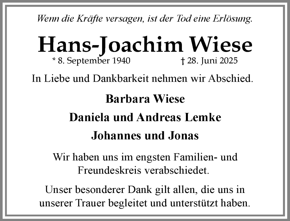  Traueranzeige für Hans-Joachim Wiese vom 26.07.2025 aus MARKT Ratzeburg/Mölln