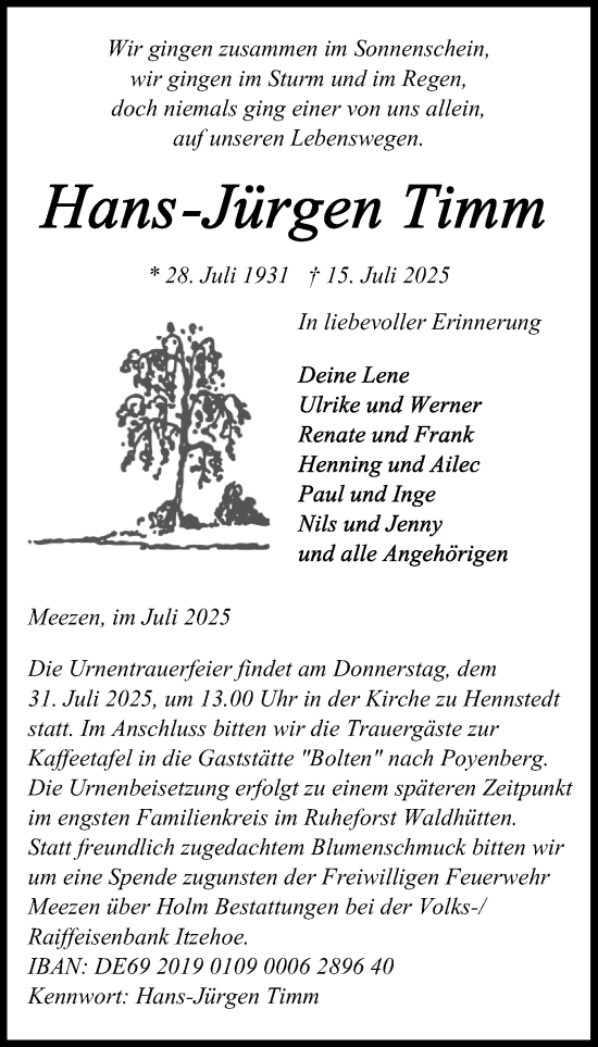 Traueranzeige von Hans-Jürgen Timm von Schleswig-Holsteinische Landeszeitung
