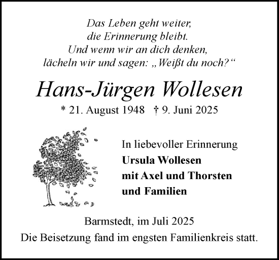 Traueranzeige von Hans-Jürgen Wollesen von Elmshorner Nachrichten, Barmstedter Zeitung