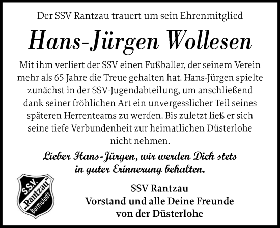 Traueranzeige von Hans-Jürgen Wollesen von Elmshorner Nachrichten, Barmstedter Zeitung