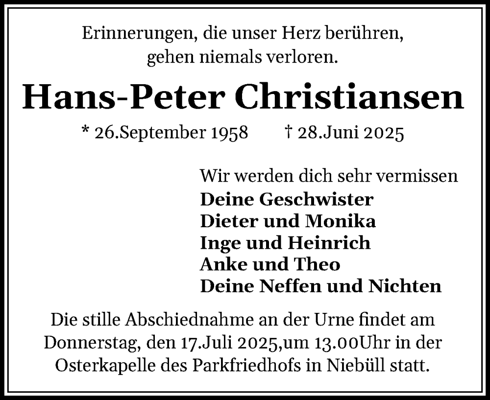  Traueranzeige für Hans-Peter Christiansen vom 12.07.2025 aus Husumer Nachrichten, Nordfriesland Tageblatt