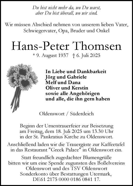 Traueranzeige von Hans-Peter Thomsen von Husumer Nachrichten, Nordfriesland Tageblatt