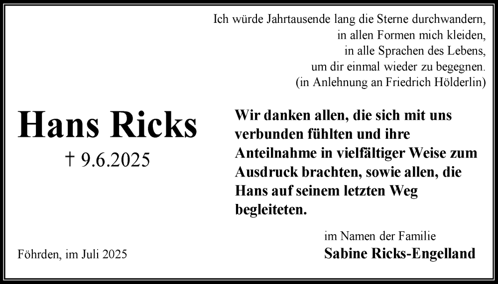  Traueranzeige für Hans Ricks vom 05.07.2025 aus Schleswig-Holsteinische Landeszeitung