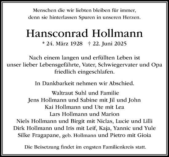 Traueranzeige von Hansconrad Hollmann von MARKT Ahrensburg/Bargteheide/Trittau und Stormarner Tageblatt