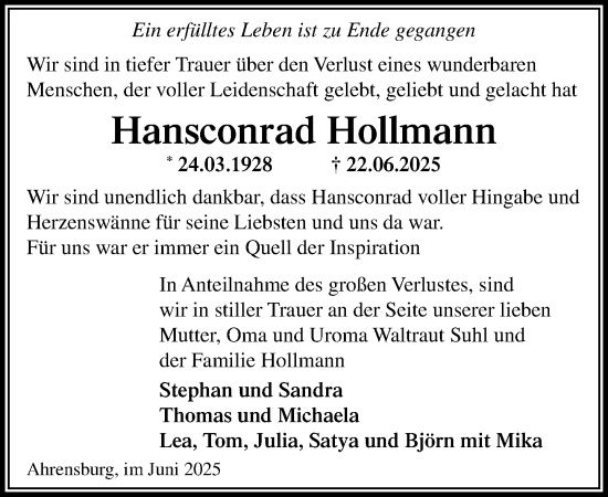 Traueranzeige von Hansconrad Hollmann von MARKT Ahrensburg/Bargteheide/Trittau und Stormarner Tageblatt