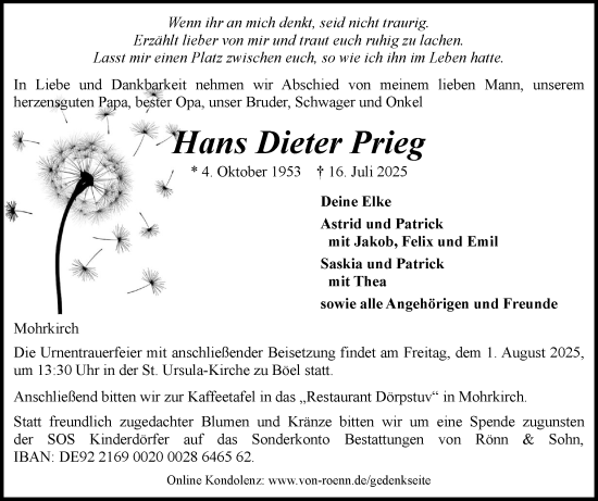 Traueranzeige von Hans Dieter Prieg von Flensburger Tageblatt, Schleswiger Nachrichten, Schlei-Bote