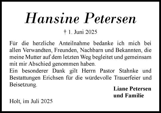 Traueranzeige von Hansine Petersen von Region Flensburg