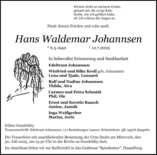 Traueranzeige von Hans Waldemar Johannsen von Schleswiger Nachrichten, Schlei-Bote