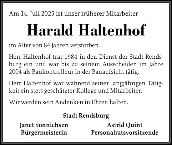 Traueranzeige von Harald Haltenhof von Schleswig-Holsteinische Landeszeitung
