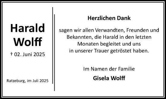 Traueranzeige von Harald Wolff von MARKT Ratzeburg/Mölln