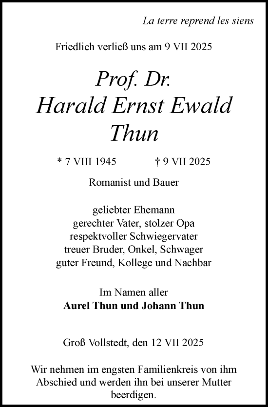 Traueranzeige von Harald Ernst Ewald Thun von Schleswig-Holsteinische Landeszeitung