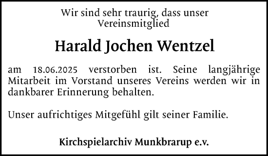 Traueranzeige von Harald Jochen Wentzel von Flensburger Tageblatt
