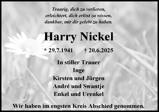 Traueranzeige von Harry Nickel von MARKT Ratzeburg/Mölln