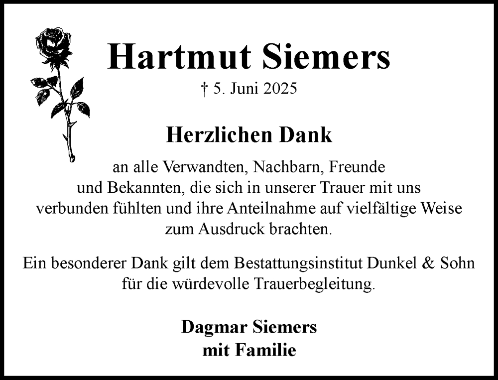  Traueranzeige für Hartmut Siemers vom 19.07.2025 aus MARKT Ratzeburg/Mölln