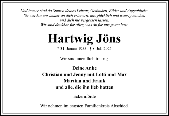 Traueranzeige von Hartwig Jöns von Eckernförder Zeitung, Hallo Eckernförde