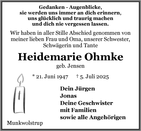 Traueranzeige von Heidemarie Ohmke von Flensburger Tageblatt
