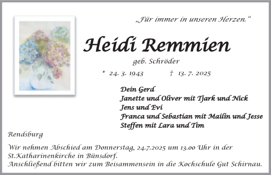 Traueranzeige von Heidi Remmien von Schleswig-Holsteinische Landeszeitung