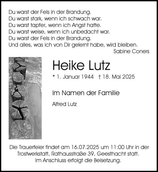 Traueranzeige von Heike Lutz von Wochenend Anzeiger