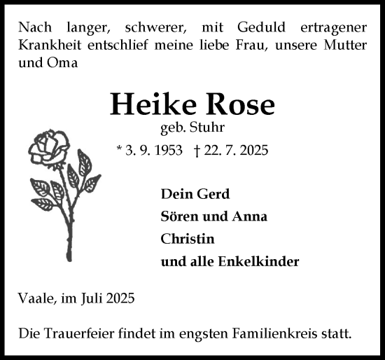 Traueranzeige von Heike Rose von Norddeutsche Rundschau, Wilstersche Zeitung, Glückstädter Fortuna