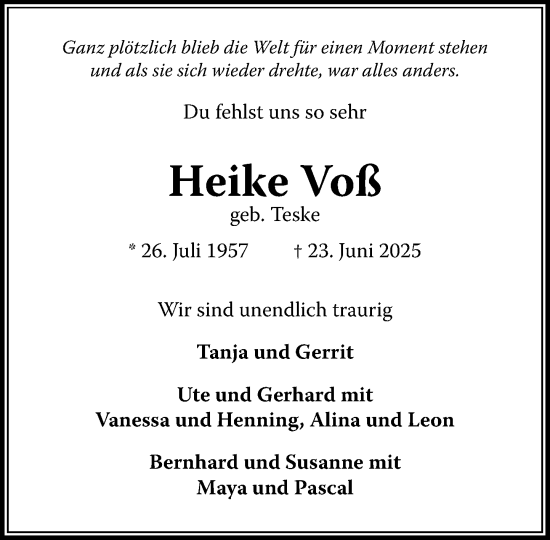 Traueranzeige von Heike Voß von MARKT Ratzeburg/Mölln