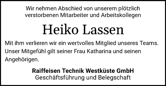 Traueranzeige von Heiko Lassen von Husumer Nachrichten, Nordfriesland Tageblatt