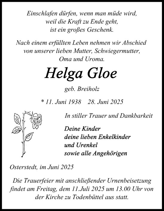 Traueranzeige von Helga Gloe von Schleswig-Holsteinische Landeszeitung