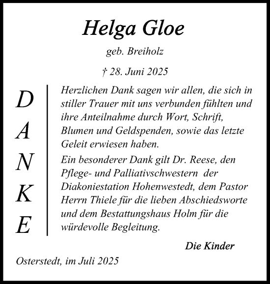 Traueranzeige von Helga Gloe von Schleswig-Holsteinische Landeszeitung