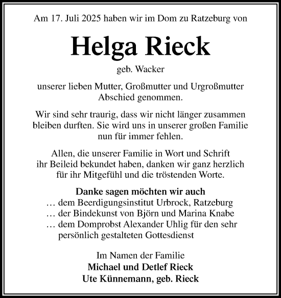 Traueranzeige von Helga Rieck von MARKT Ratzeburg/Mölln