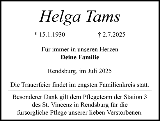 Traueranzeige von Helga Tams von Schleswig-Holsteinische Landeszeitung