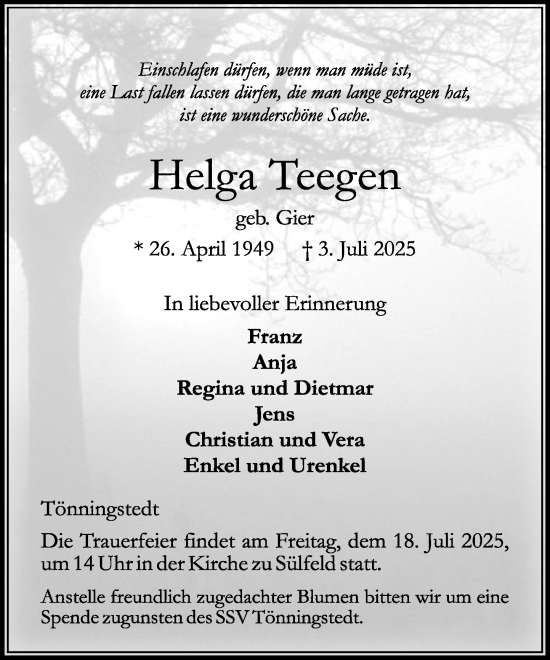 Traueranzeige von Helga Teegen von MARKT Bad Oldesloe/Reinfeld, MARKT Ahrensburg/Bargteheide/Trittau und Stormarner Tageblatt