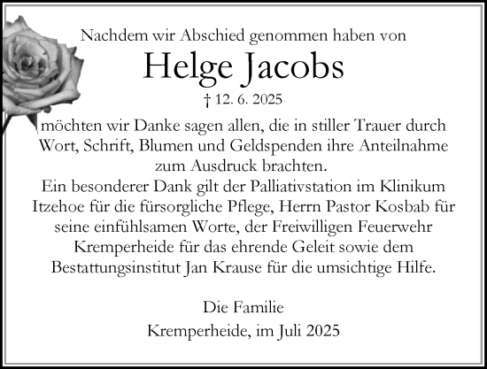 Traueranzeige von Helge Jacobs von Norddeutsche Rundschau, Wilstersche Zeitung, Glückstädter Fortuna