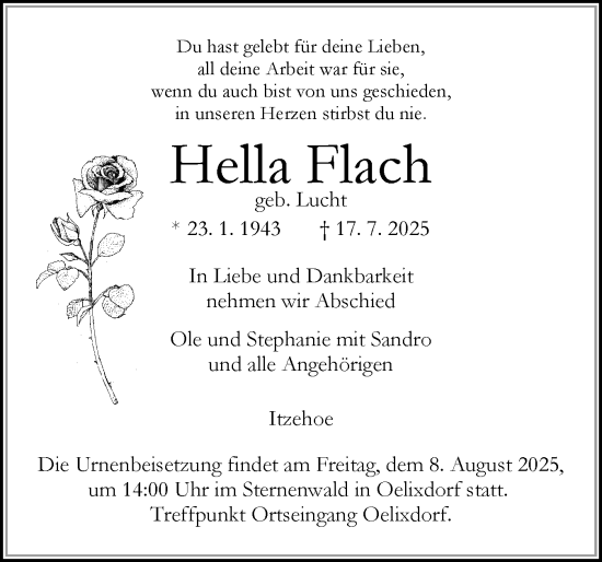 Traueranzeige von Hella Flach von Norddeutsche Rundschau, Wilstersche Zeitung, Glückstädter Fortuna
