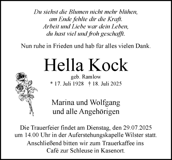 Traueranzeige von Hella Kock von Norddeutsche Rundschau, Wilstersche Zeitung, Glückstädter Fortuna