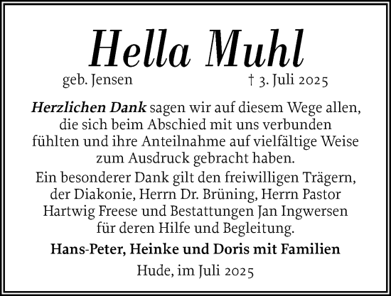 Traueranzeige von Hella Muhl von Husumer Nachrichten, Nordfriesland Tageblatt