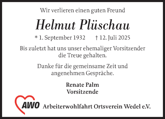Traueranzeige von Helmut Plüschau von Wedel-Schulauer Tageblatt, tip Wedel-Schulauer Tageblatt, tip Rissener Rundschau