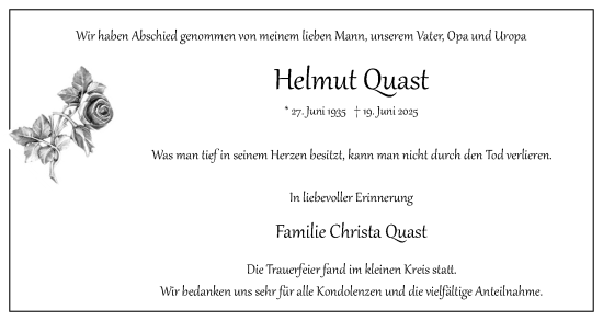 Traueranzeige von Helmut Quast von Uetersener Nachrichten, Der tip am Wochenende