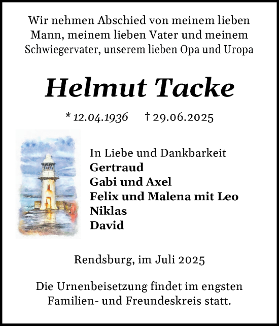 Traueranzeige von Helmut Tacke von Schleswig-Holsteinische Landeszeitung