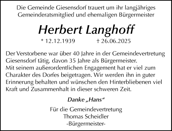 Traueranzeige von Herbert Langhoff von MARKT Ratzeburg/Mölln