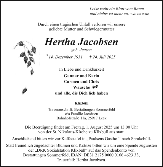 Traueranzeige von Hertha Jacobsen von Region Flensburg