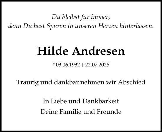 Traueranzeige von Hilde Andresen von Husumer Nachrichten, Nordfriesland Tageblatt