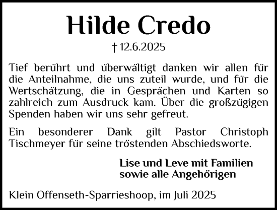 Traueranzeige von Hilde Credo von Flensburger Tageblatt