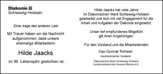 Traueranzeige von Hilde Jaacks von Schleswig-Holsteinische Landeszeitung