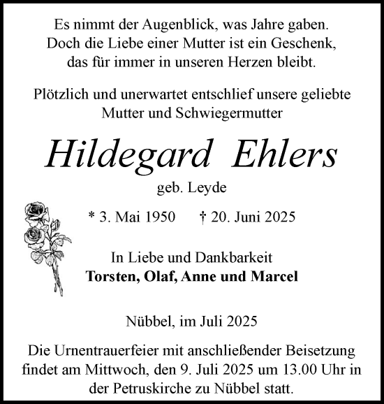 Traueranzeige von Hildegard Ehlers von Schleswig-Holsteinische Landeszeitung