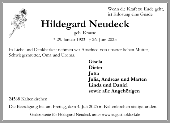Traueranzeige von Hildegard Neudeck von Umschau